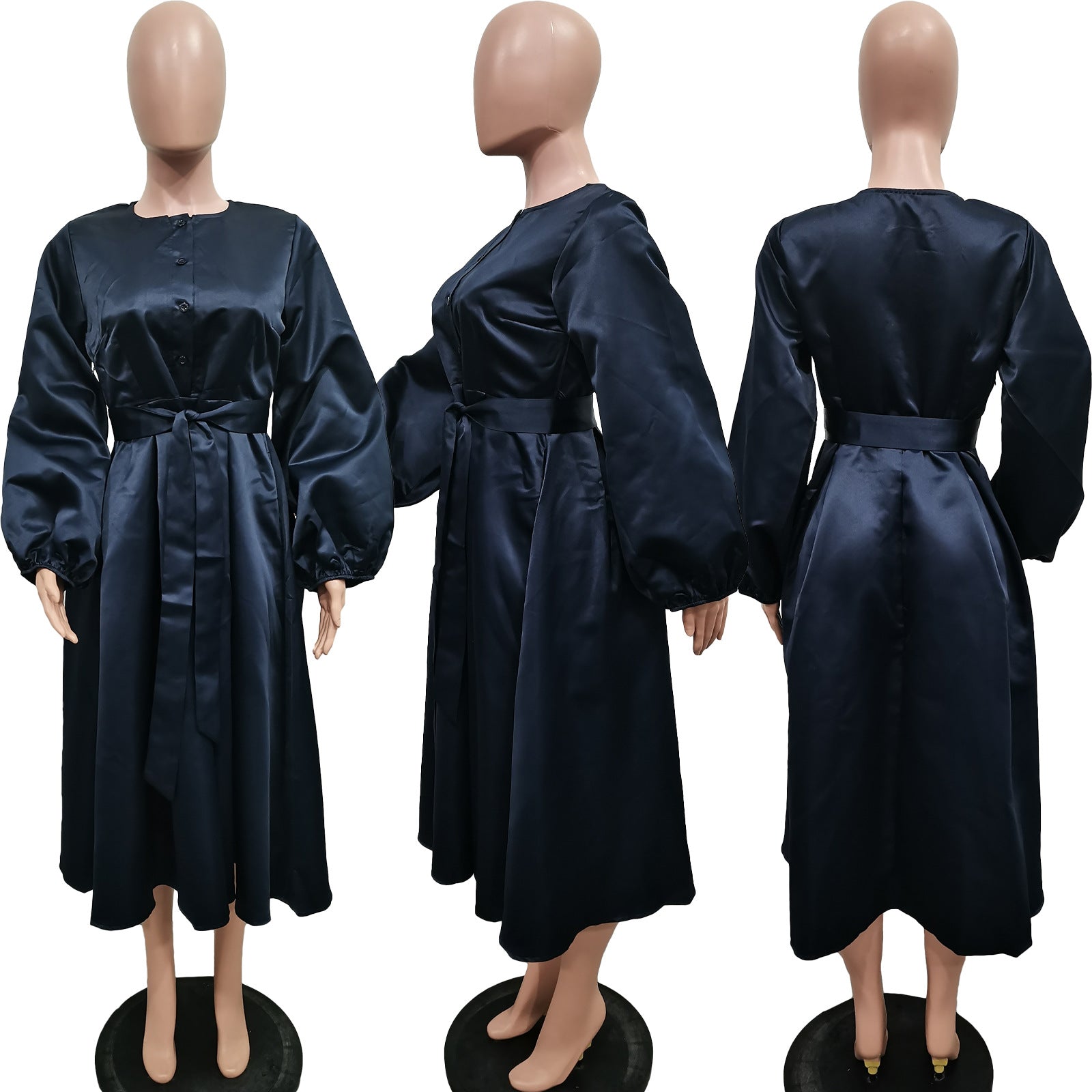 Women Solid Loose Buttoned Balloon Sleeve Dress 21