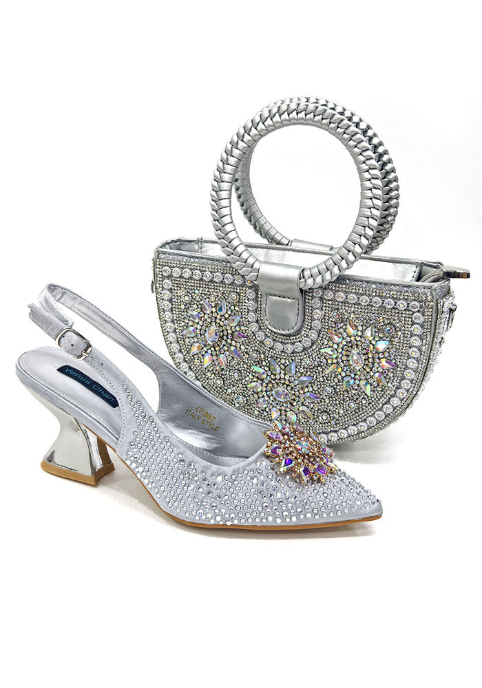 Popular Shoe And Bag Set Combination Women's Pointed Toe Sandals Crystal Buckles Wrist Braided Bag
