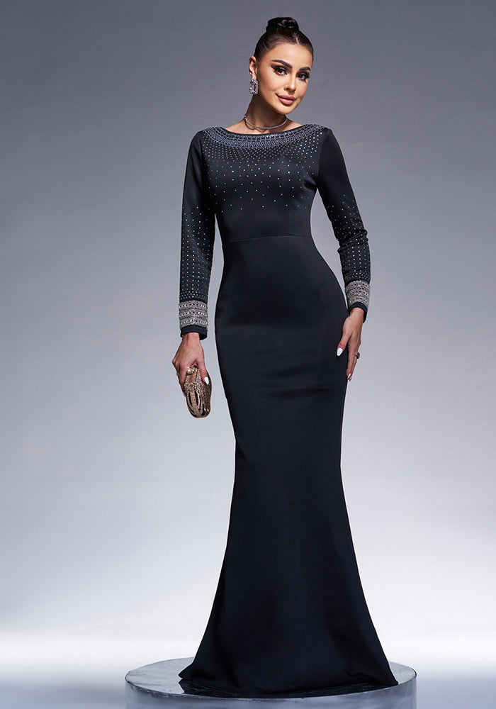 Women Round Neck Long Sleeve Beaded Formal Party Bodycon Evening Dress