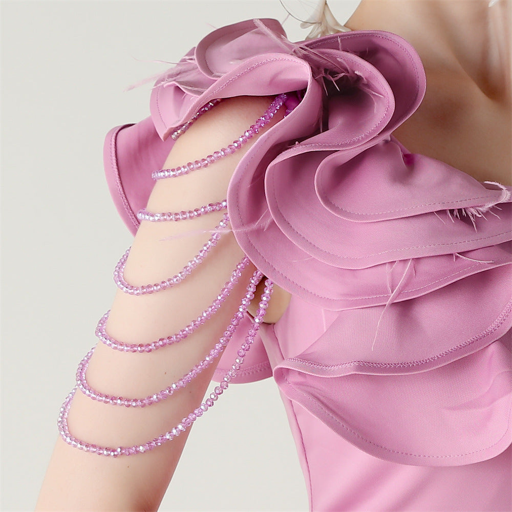 Women One-Shoulder Beaded Wool and Floral Satin Slit Sexy Evening Dress 59