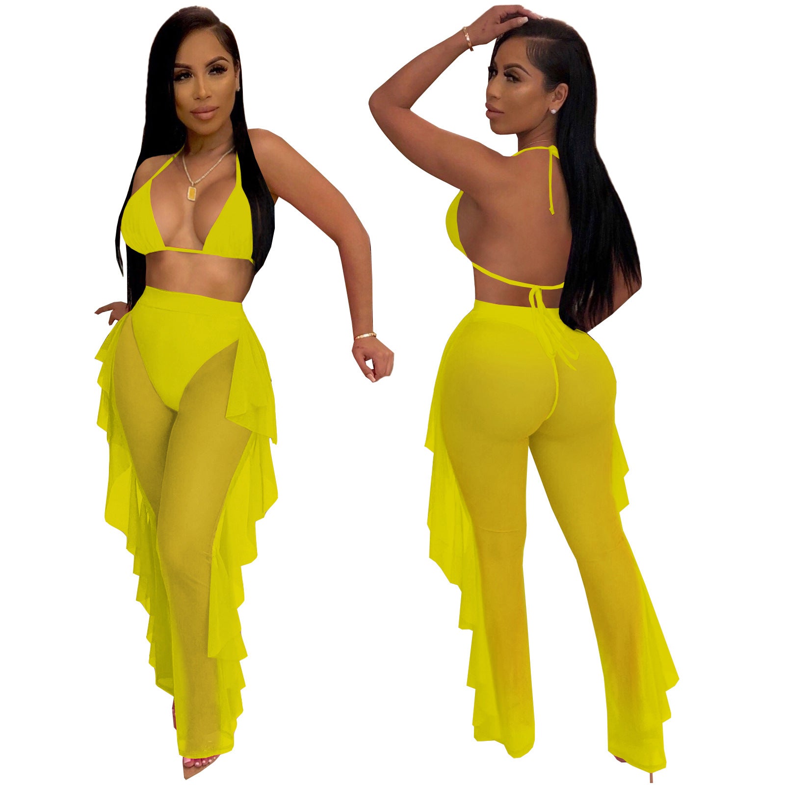 Women Solid See-Through Mesh Suspender Top and Pants Set with Underwear 3