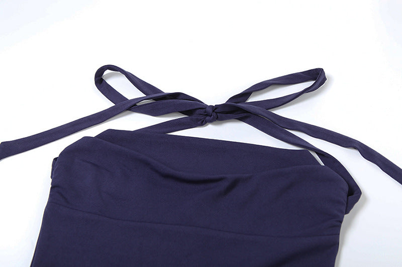 Spring Sexy Low Back Strapless Puffy Halter Neck Solid Color Puffy Short Dress 10