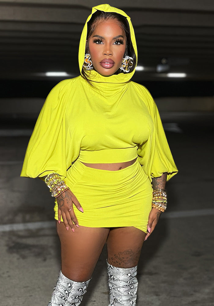 Hooded Puff Sleeve Crop Top Pleated Skirt Two Piece Set
