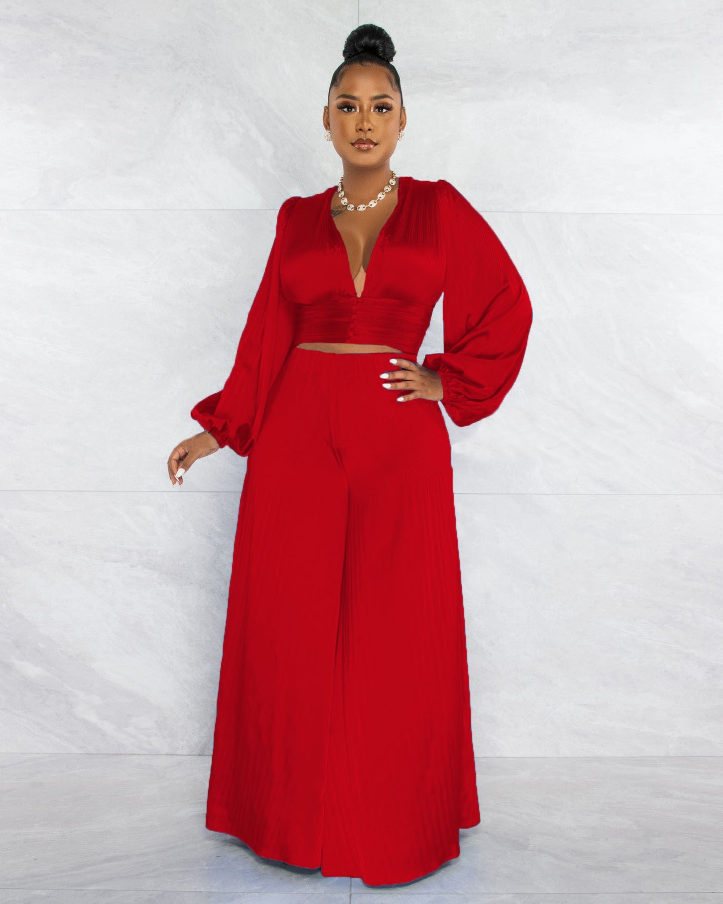 Women sexy pleated v-neck top and wide-leg pants two-piece set 4