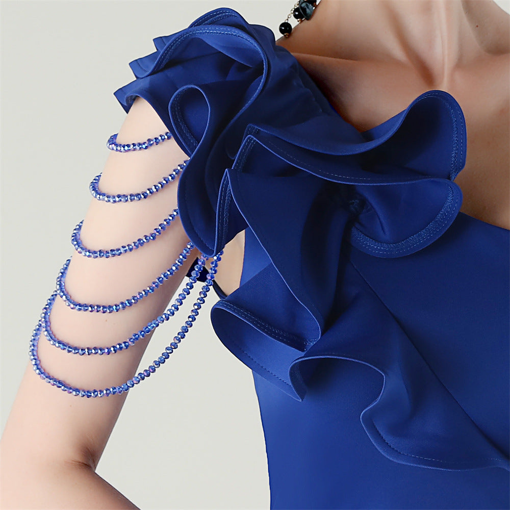 Women One-Shoulder Beaded Wool and Floral Satin Slit Sexy Evening Dress 83