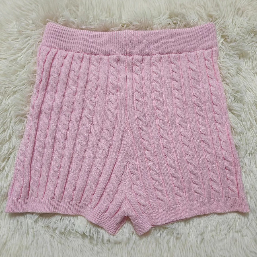 Women Spring Solid Sexy Stretch Solid Knitting Suspender Top and Shorts Two-Piece Set 6