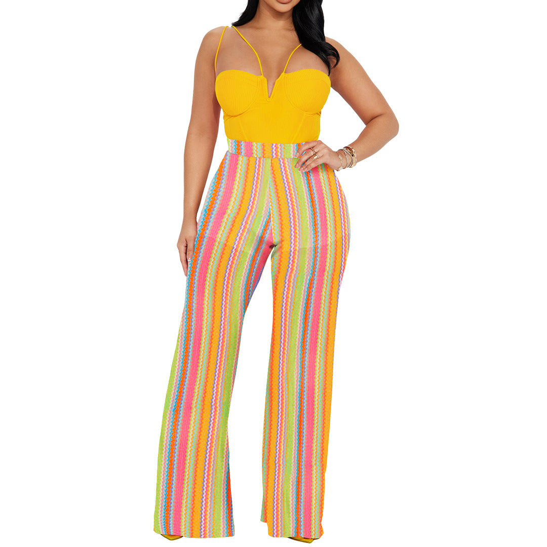 Women's clothing color strip knitting hollow jacquard zipper wide-leg pants 9