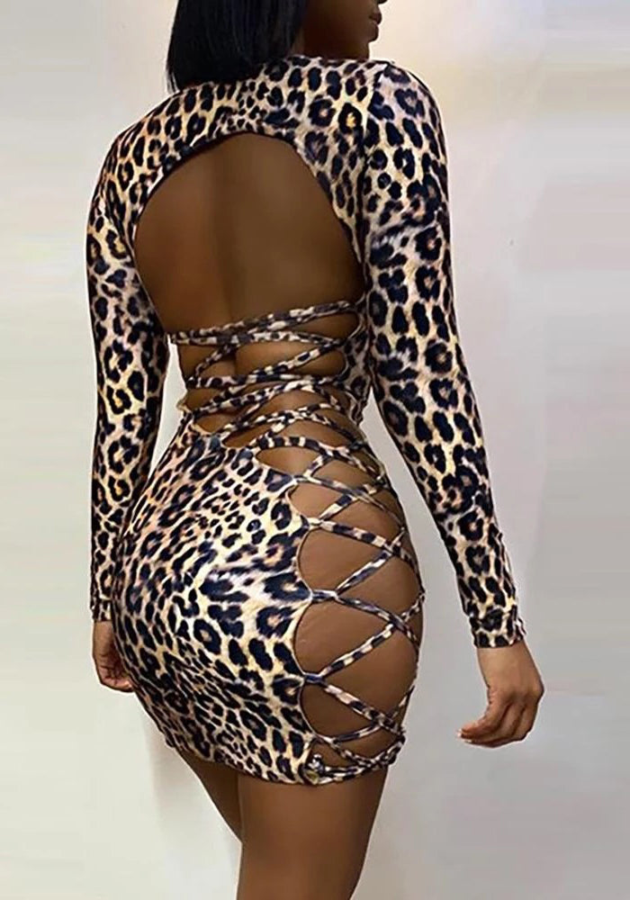 Women Spring Printed Sexy O-Neck Long Sleeve Leopard Print Lace Up Mini Sheath Club Dress