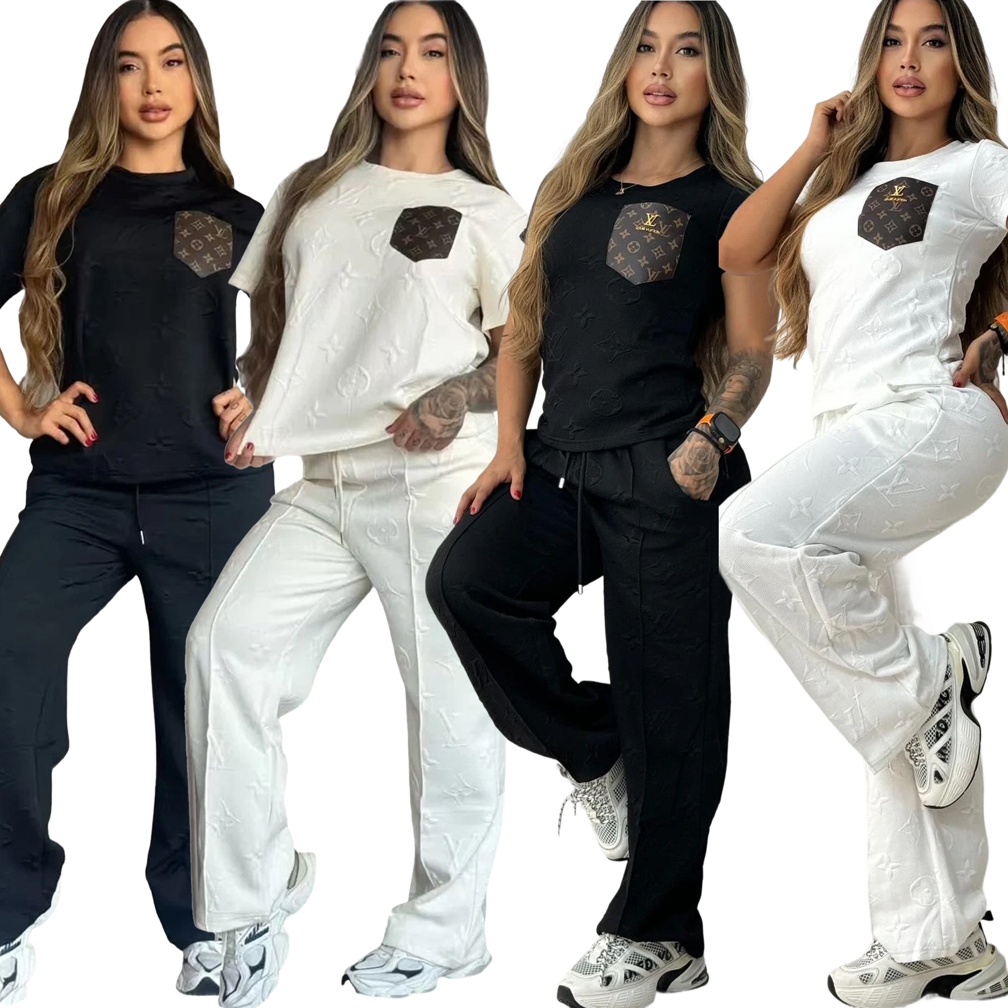 Women casual Pu-Leather pocket short-sleeved top and long pants jacquard two-piece set 19