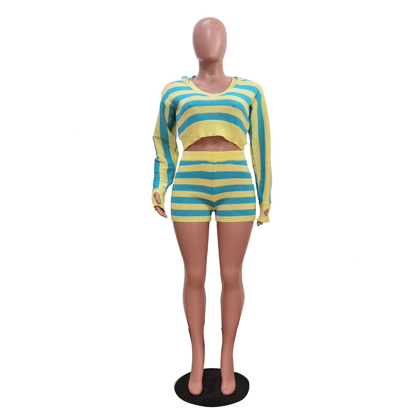 Women Casual Knitting Striped Long Sleeve Hooded Top and Shorts Two-Piece Set 5