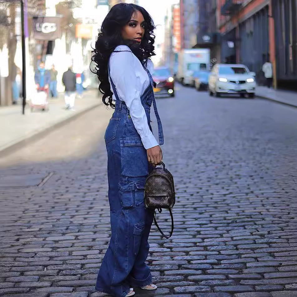 Women Loose Denim Pocket Jumpsuit 7