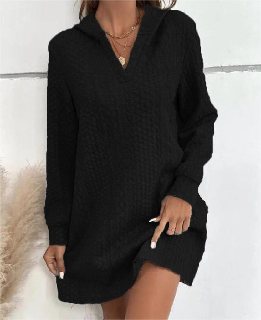 Women knitting jacquard long sleeve hooded Dress 13