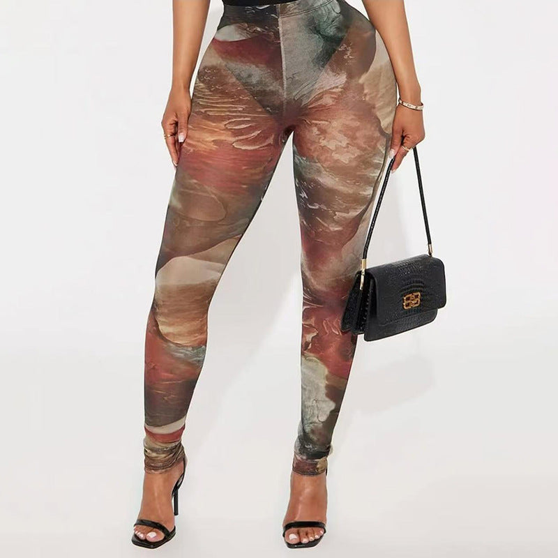 Women Spring and Summer Mesh Print See-Through Tight Pants