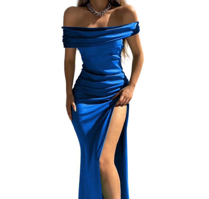 Solid Color Off Shoulder Sexy Slit Maxi Dress