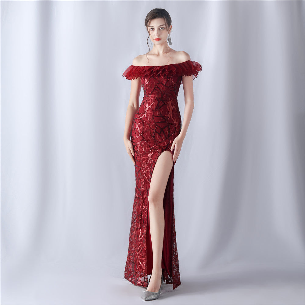Women sequined ruffle off-the-shoulder Evening Dress 3