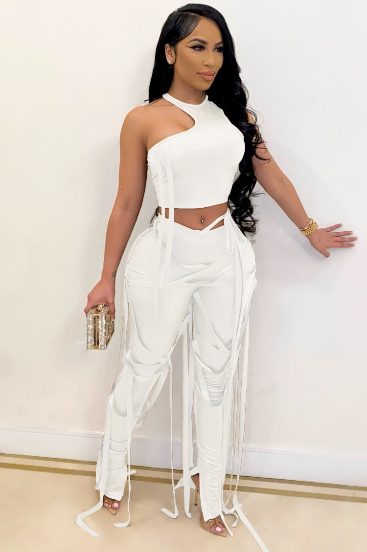 Summer White Sexy Tassels Bodycon Crop Top and Pants Set