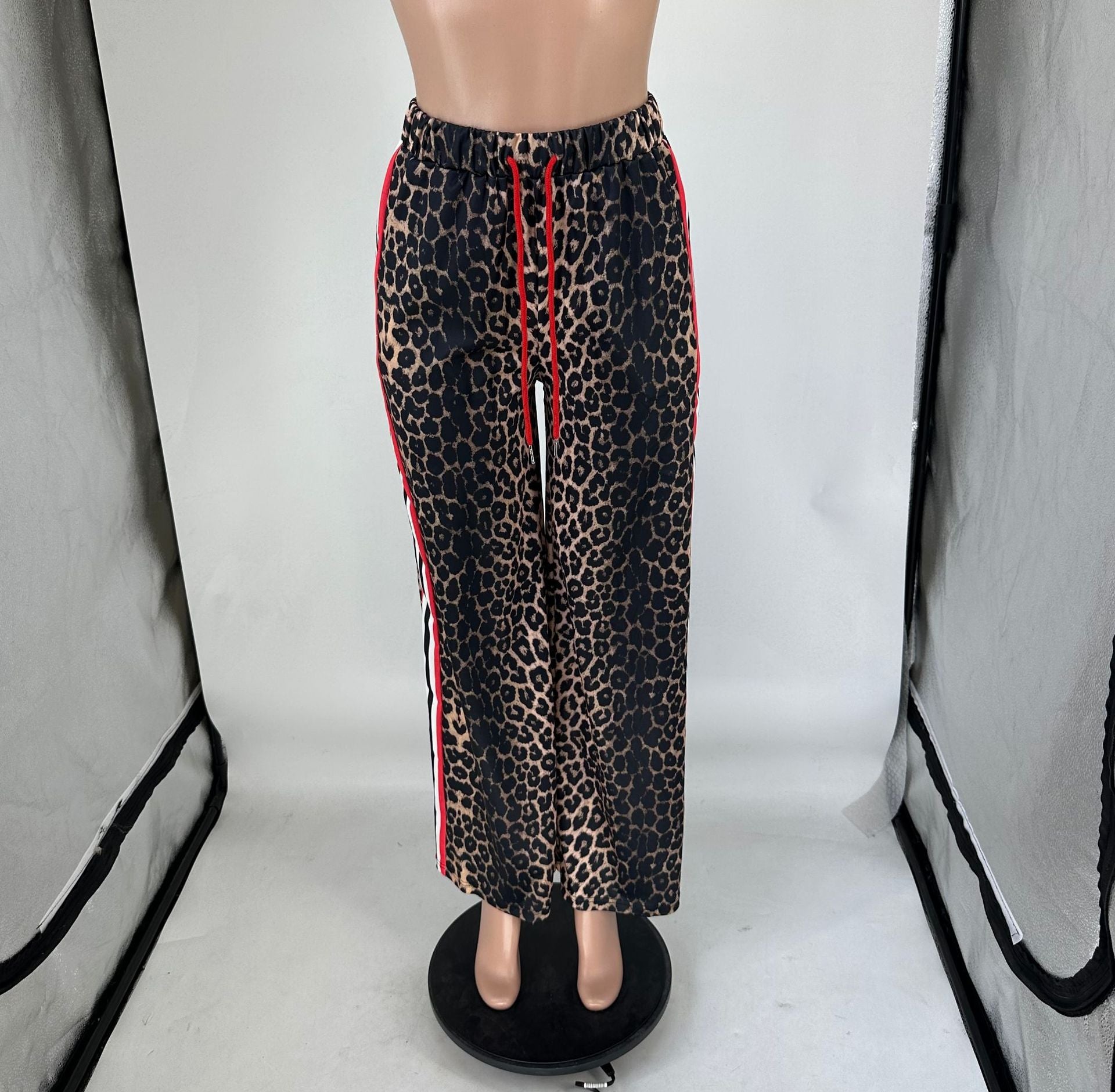 Spring/Summer Fashion Leopard Patchwork Contrast Stripes Casual Straight-Leg Pants 3