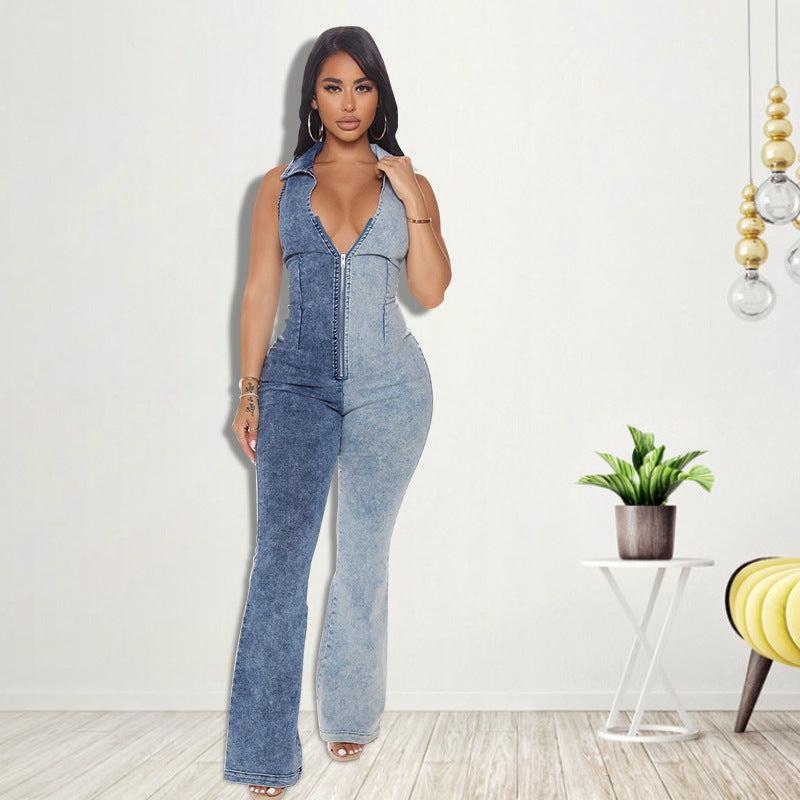 Plus Size Women's Fall Color Block Wash Sexy Denim Jumpsuit 3