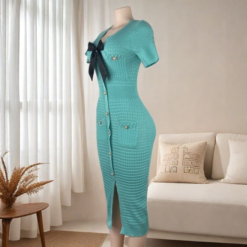 Summer Women's V-Neck Short Sleeve Slim Waist Chic Knitting Dress 10