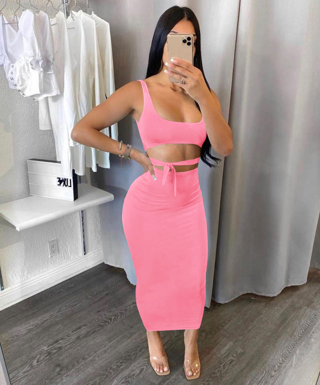 Women's Spring Summer Solid Color Strap Slim Two Piece Skirt Set 3