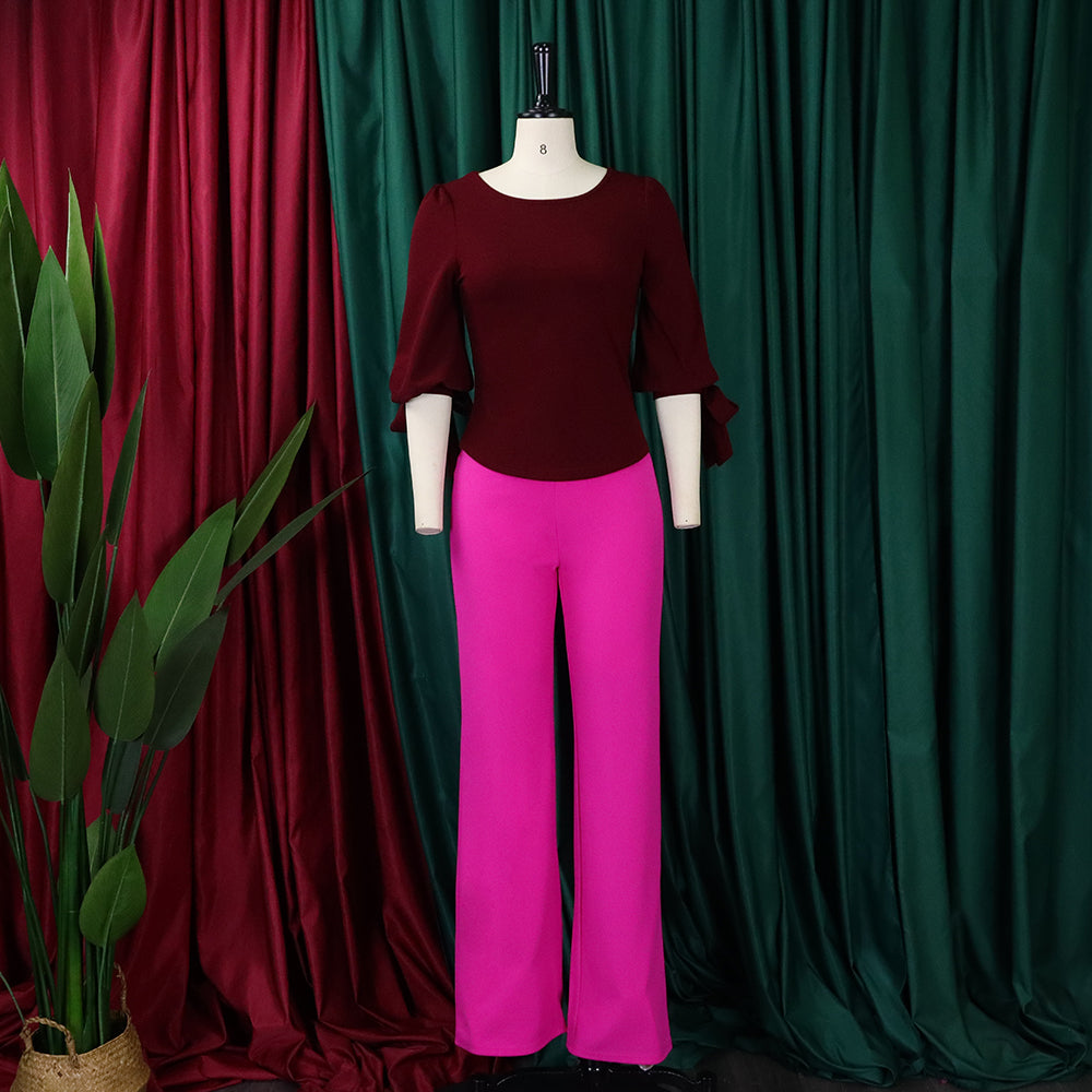 Women's Casual Set Loose Plus Size Lace-Up Top High Waist Wide Leg Pants Two-Piece Set 18