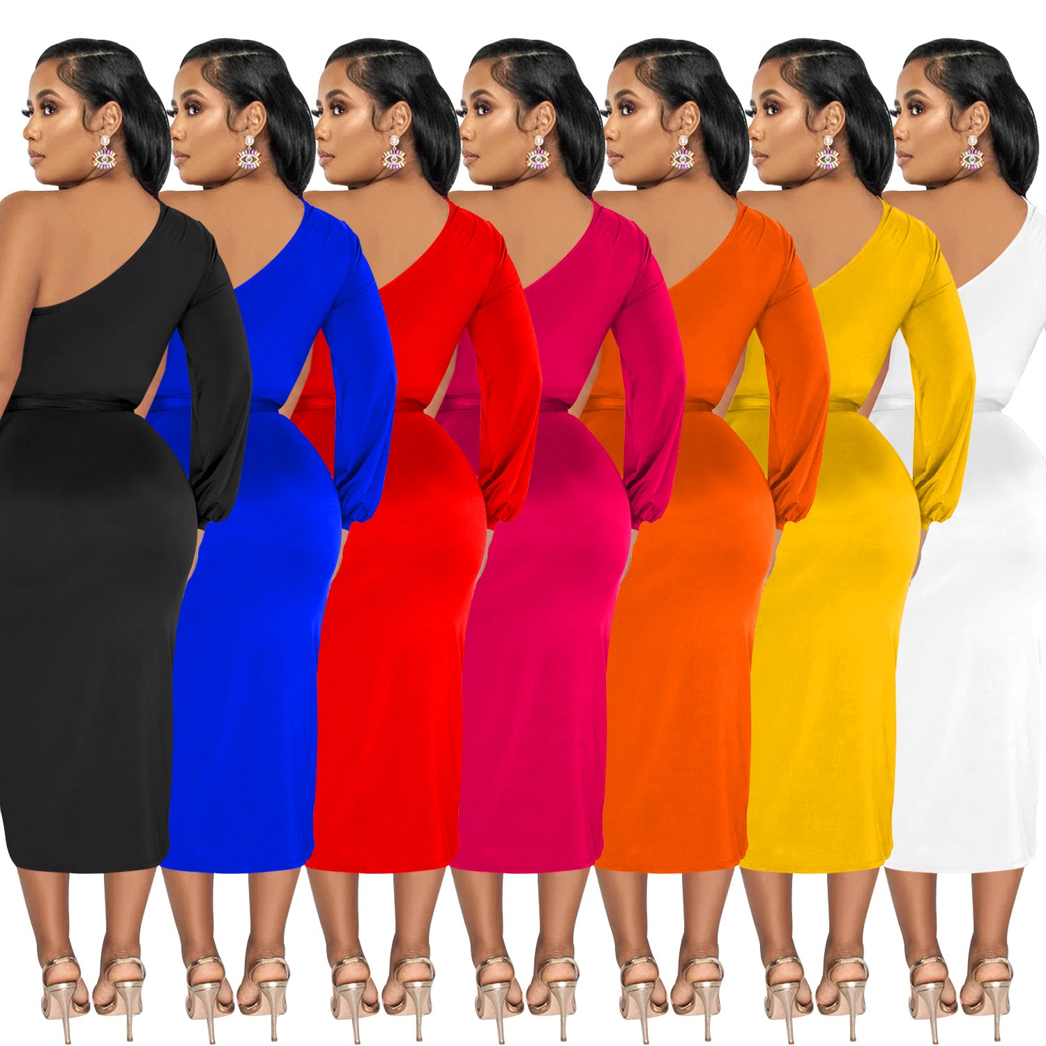 Women's Fashion Solid Color Single Long Sleeve Slash Shoulder Maxi Dress 18