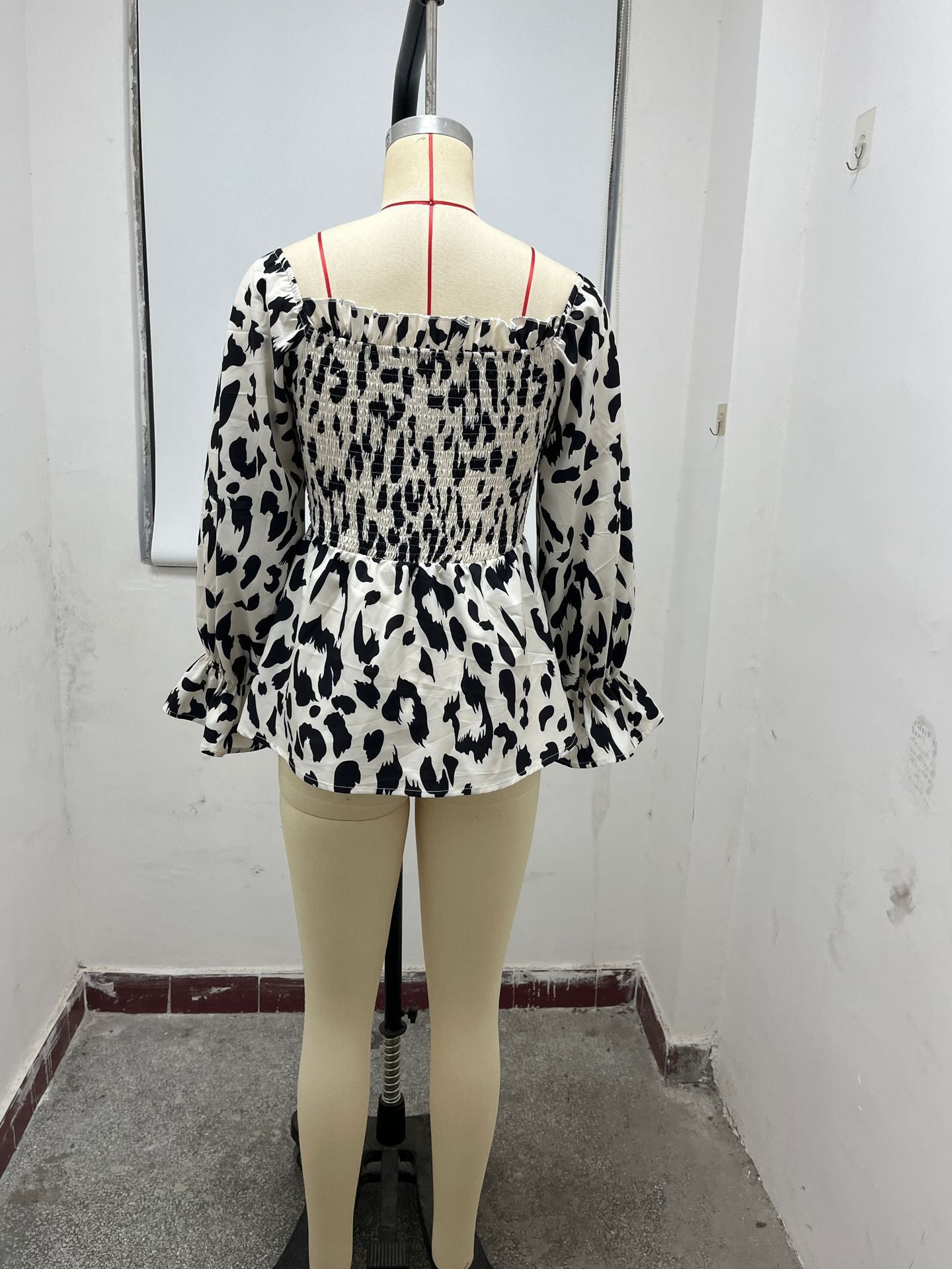 Women Casual Ruffle Edge Square Neck Leopard Print Long Sleeve Top 14
