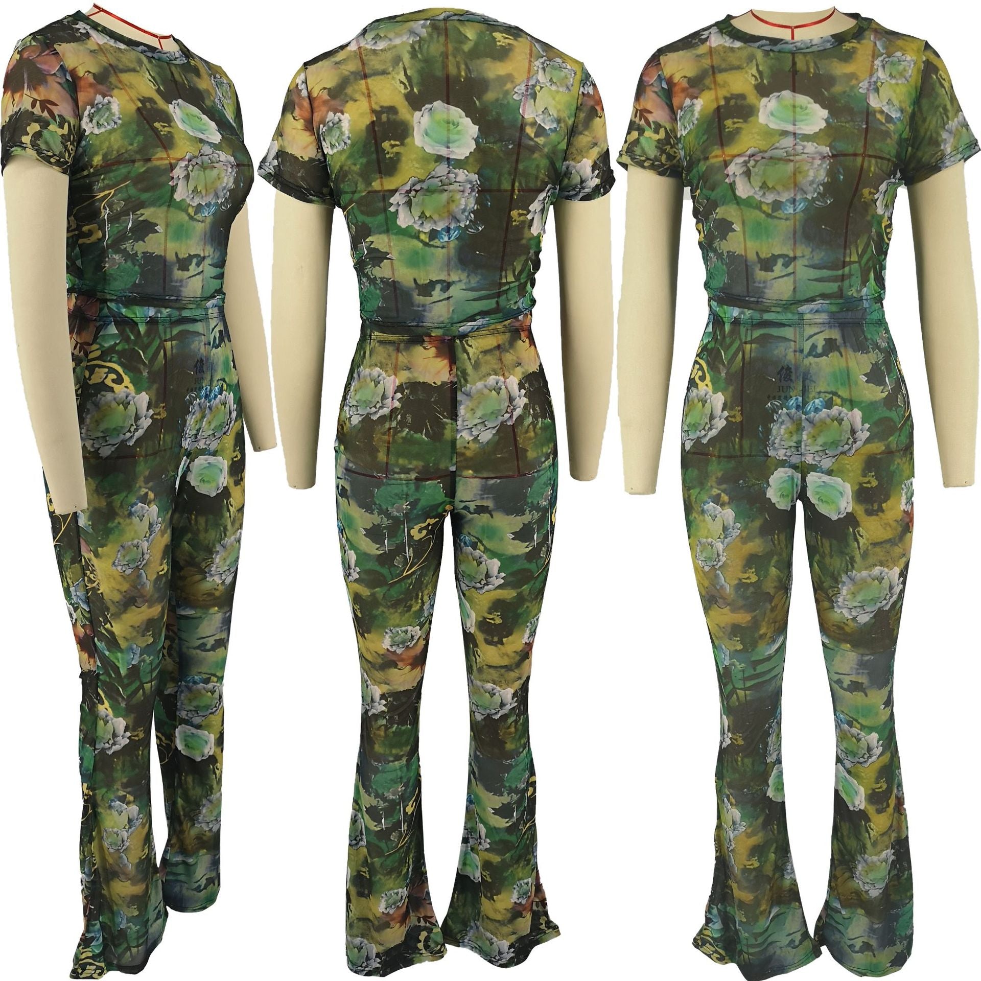 Women's Clothing Summer Fashion Print Round Neck Bootcut Pants Slim Sexy Two-Piece Set 13