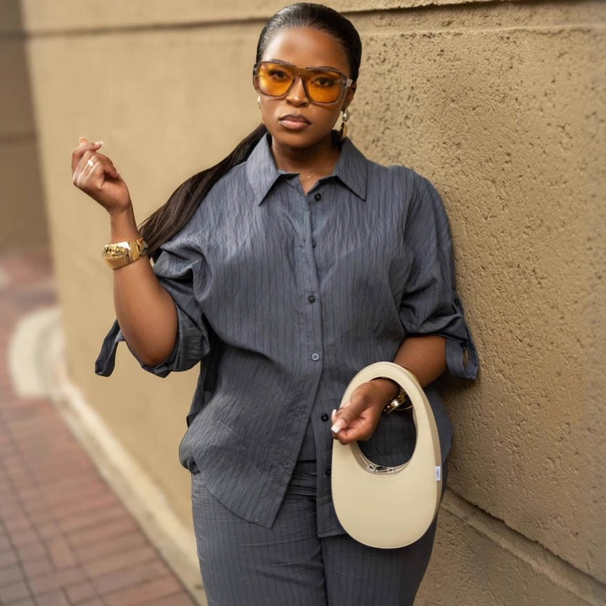 Africa Casual Women's Long Sleeve Striped Shirt High Waist Pants Trendy Fashion Two-Piece Set 4