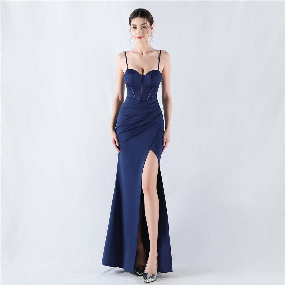 Fishbone Slim Waist Solid Color Satin Evening Dress 18