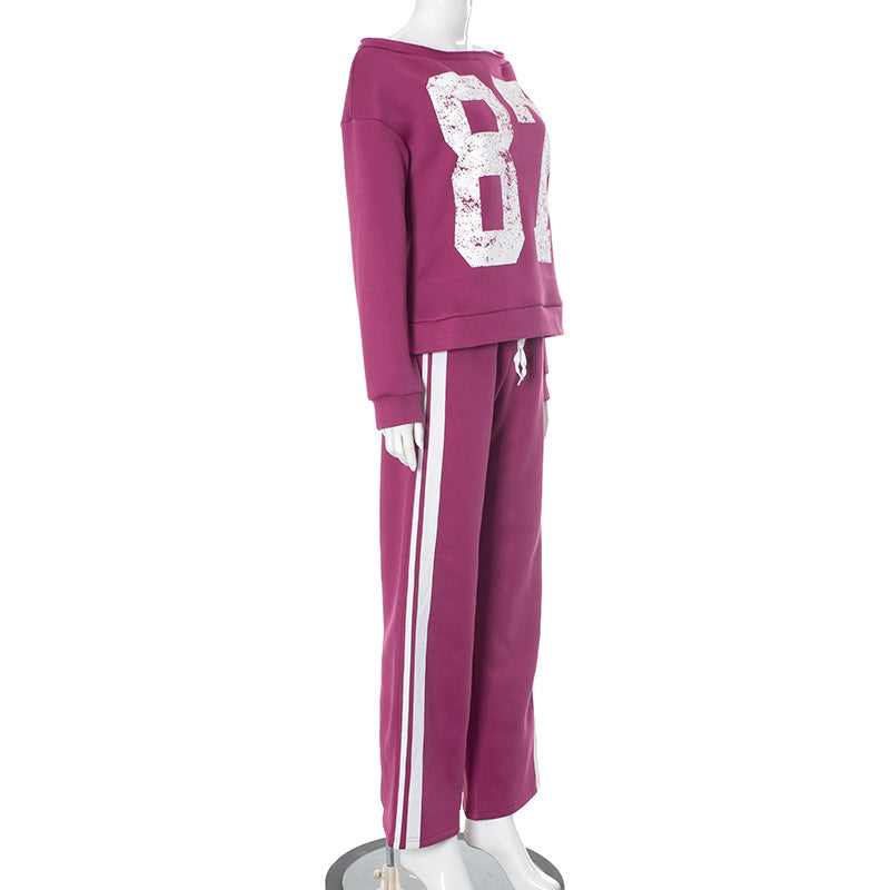 Women Fall/Winter Digital Print Off Shoulder Top and Pants Two Piece Set 8