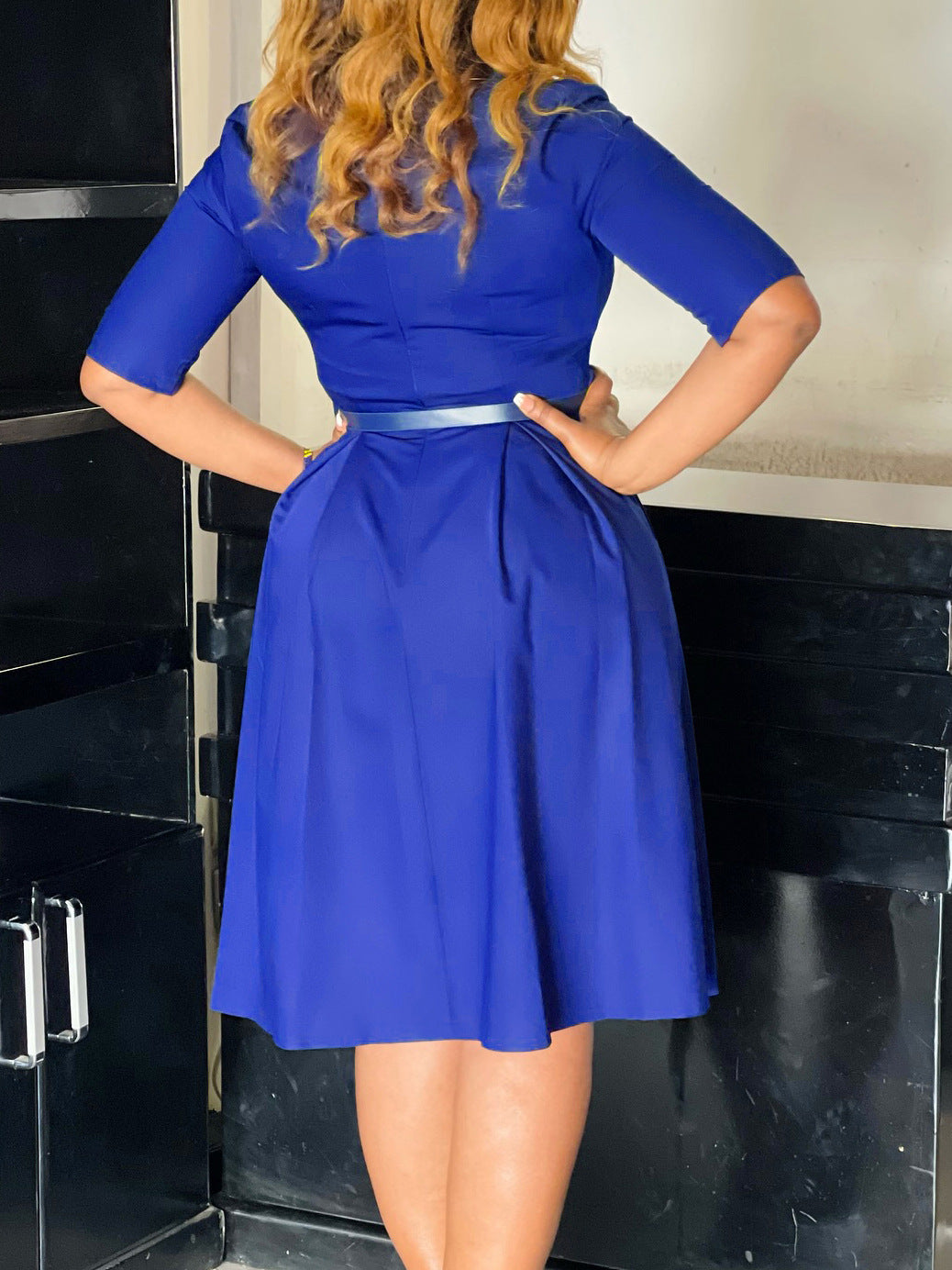 Plus-Size Women Elegant Solid Turndown Collar African Dress 7