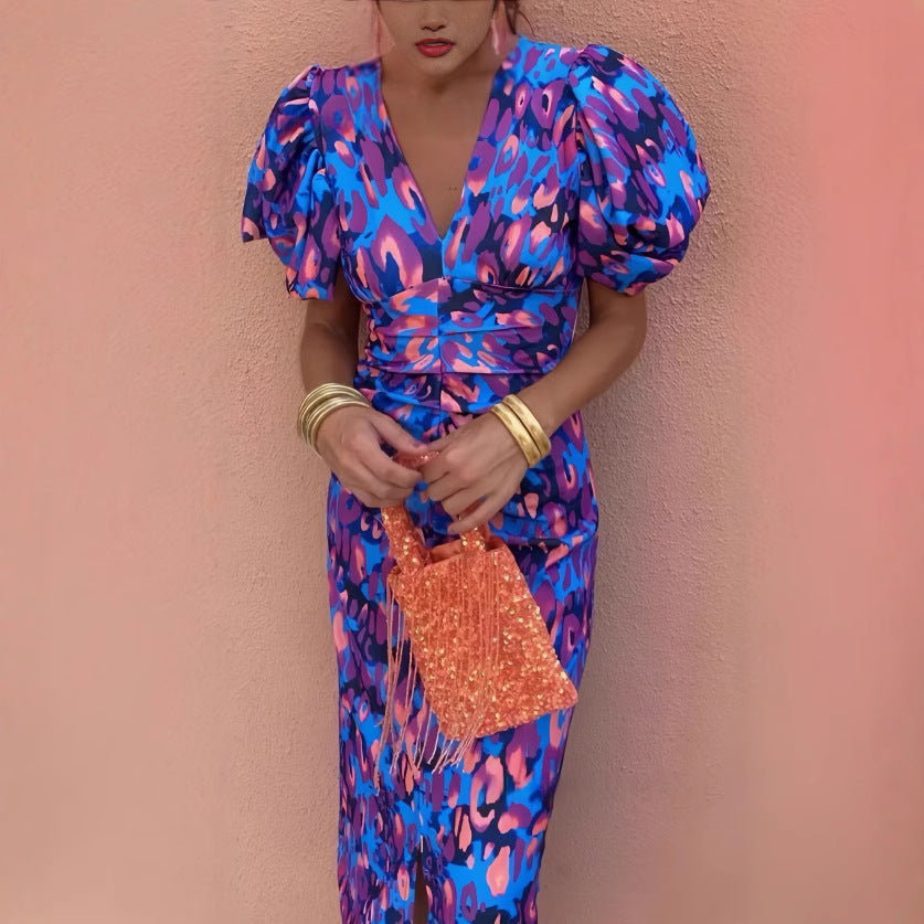 Printed V-Neck Slim Waist Puff Sleeve Bodycon Dress 7