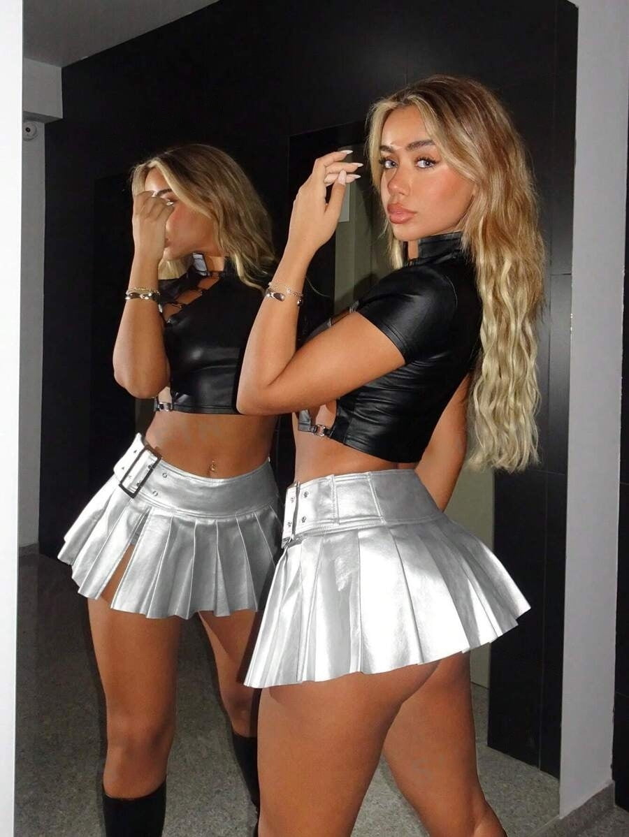 Women's Solid A-Line Pleated Sexy Fashion Mini Pu Leather Skirt 6