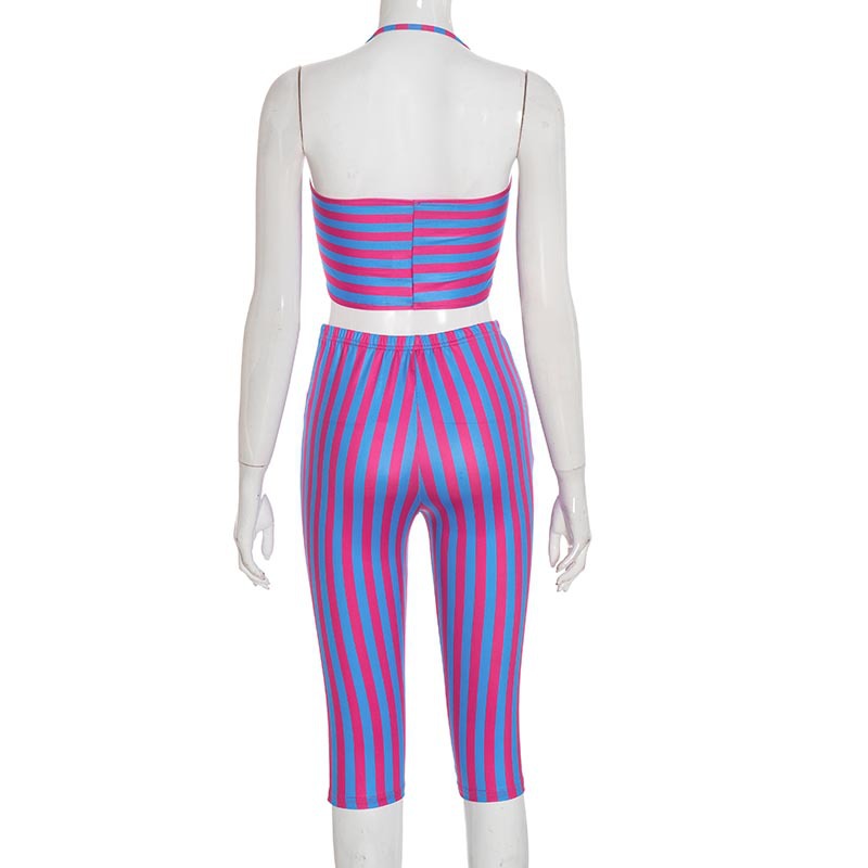 Women Contrast Striped Halter Neck Top and Capri Pants Two-Piece 33