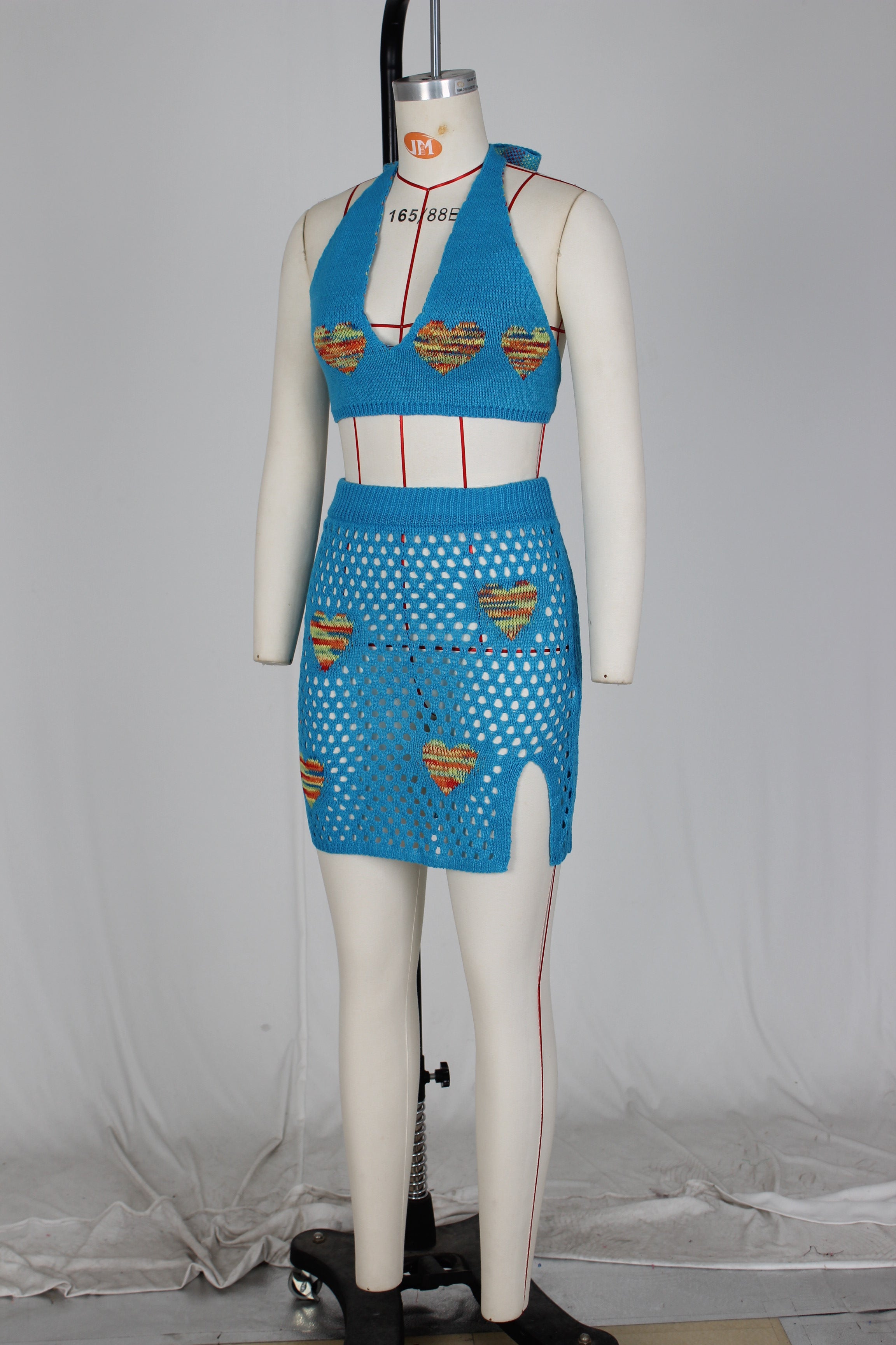 Women's Sexy Heart Print Jacquard Hollow Knitting Beach Fashion Two Piece Skirt Set 19