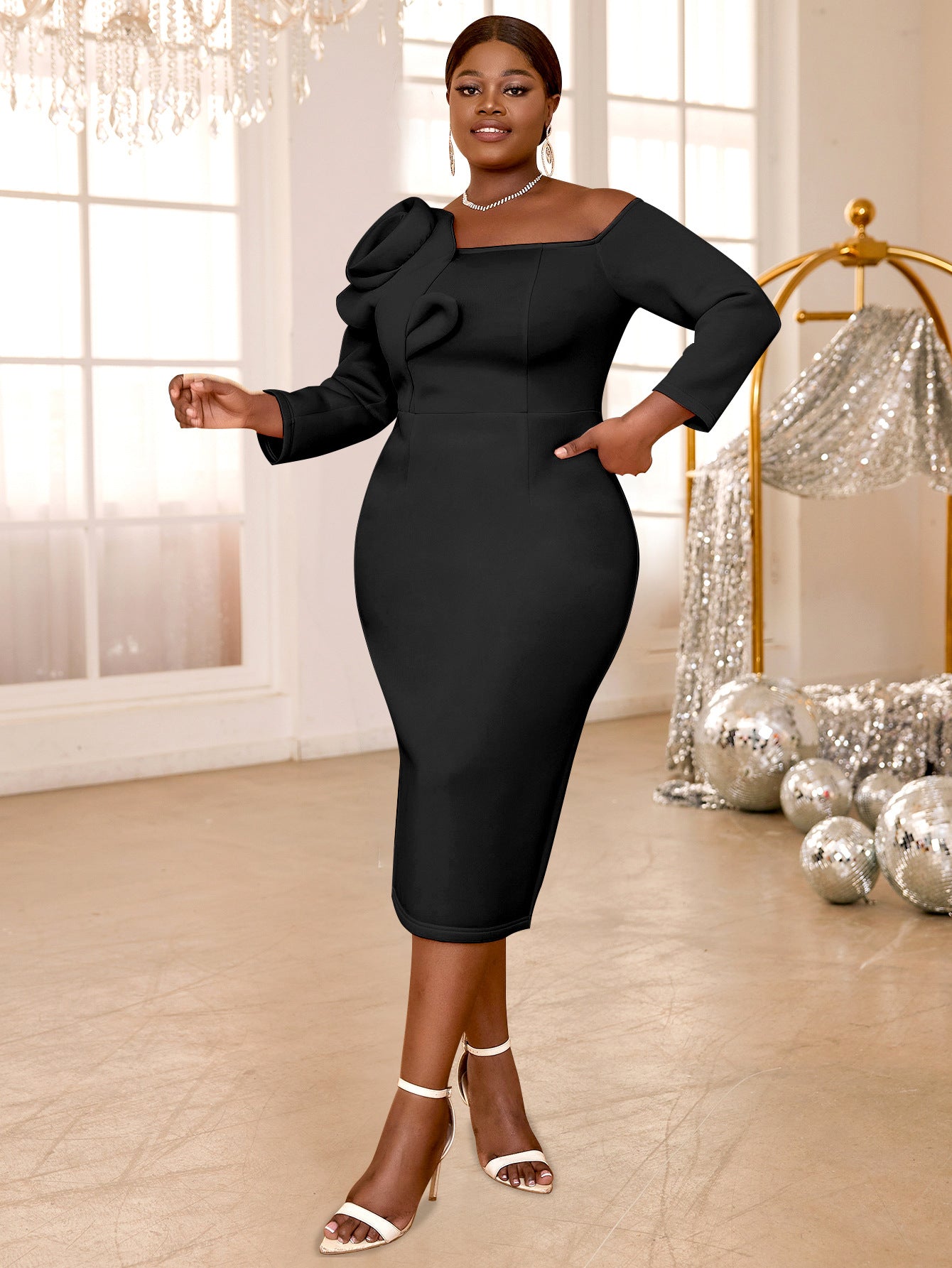 Solid Color Bell-Sleeve Back Slit Elegant Evening Gown 3