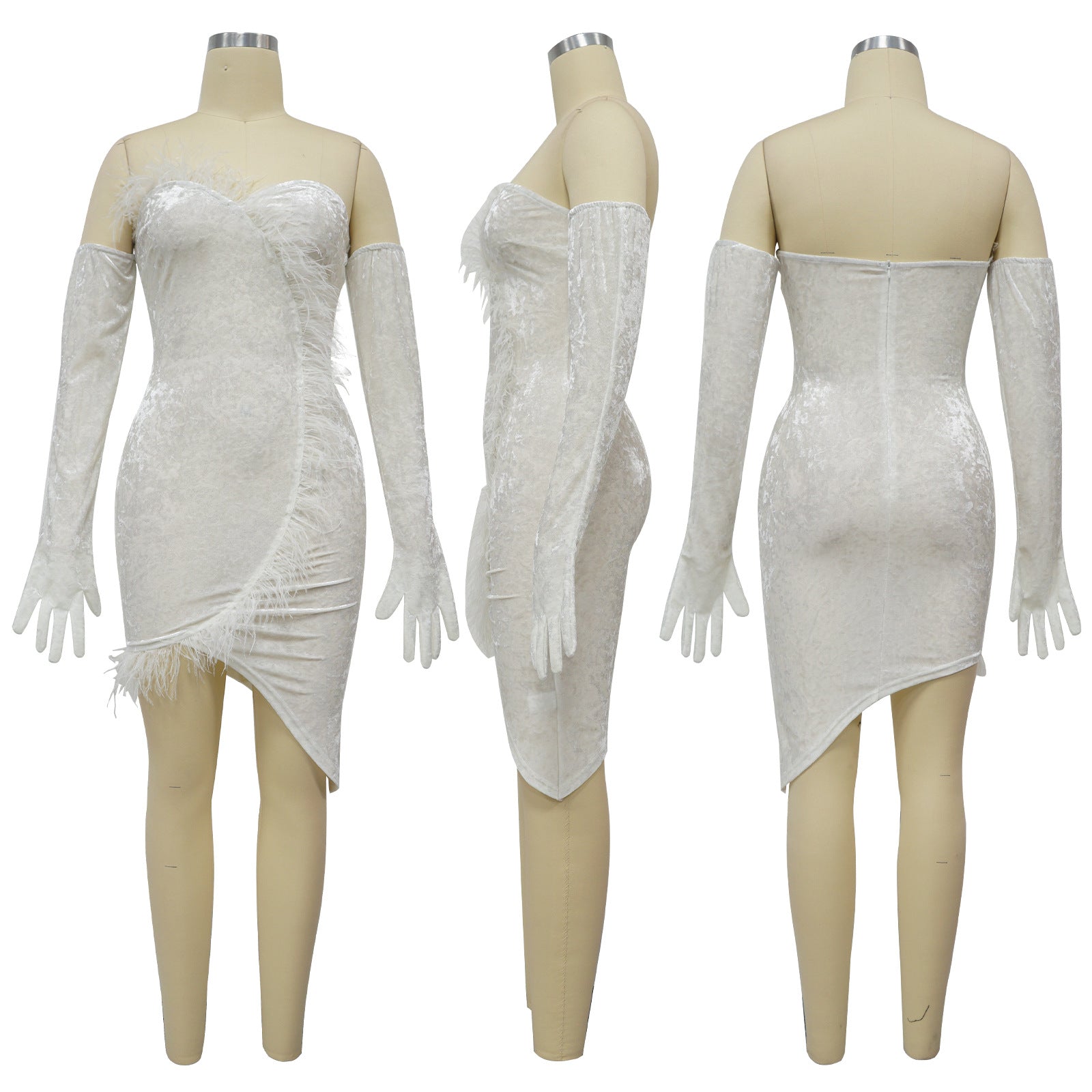 Women's Autumn Winter Feather Velvet Slim Bodycon Dress With Gloves 18