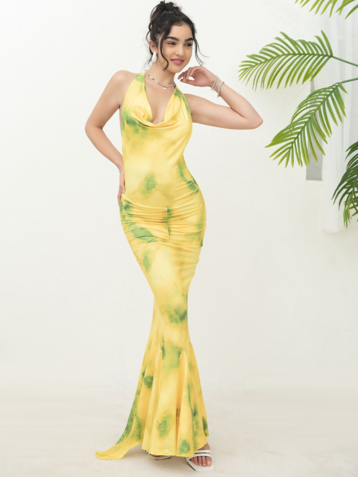 Women's Strap French Chic Style Halter Neck Deep V Printed Ruffle Long Dress 6