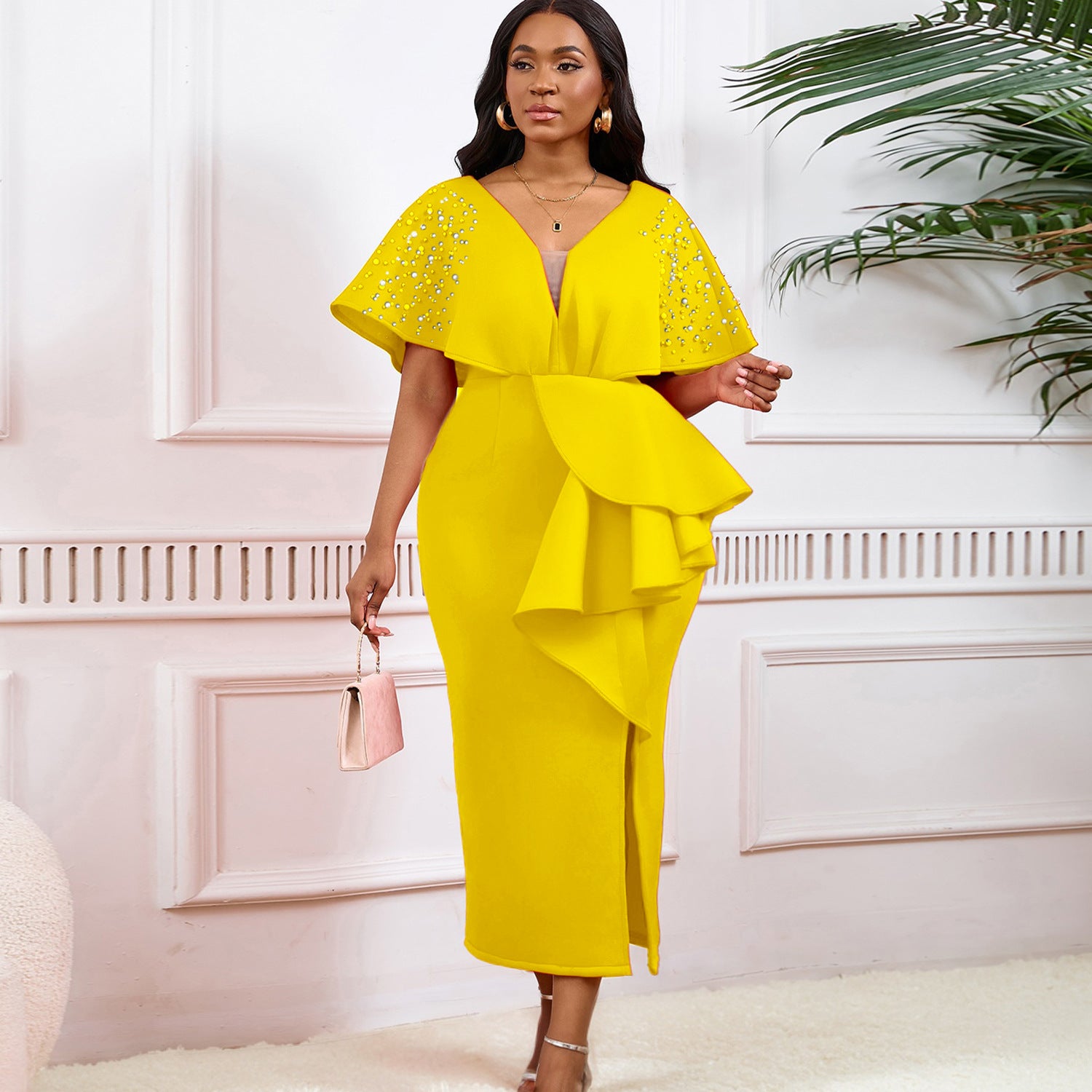 Summer Sexy V-Neck Ruffle Slit Beaded Evening Dress Chic Formal Party Gown 6