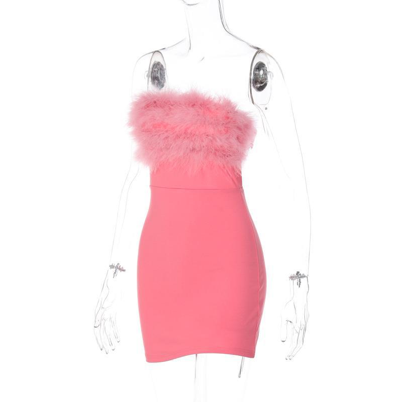 Summer Sexy Low Back Chic Furry Strapless Bodycon Dress Women 10