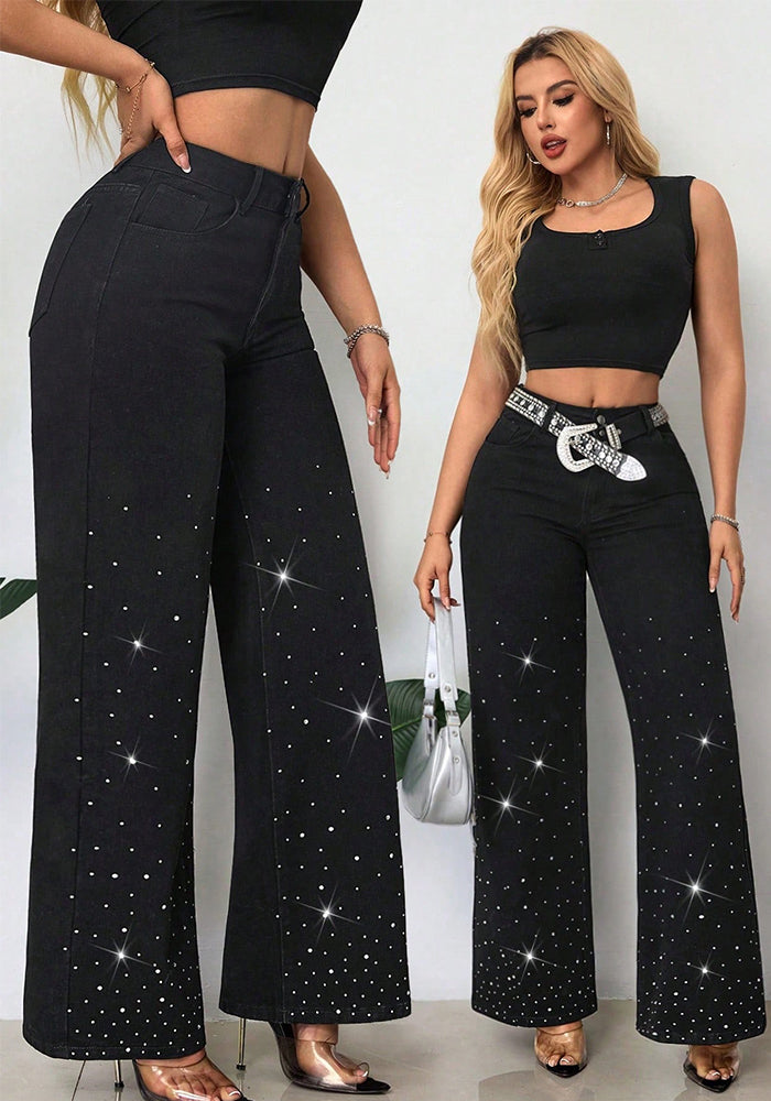 Beaded Women Street Loose Wide Leg Trend Denim Pants