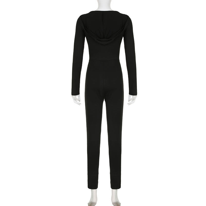 Women Casual Solid Hooded Long Sleeve Knot Jumpsuit 13