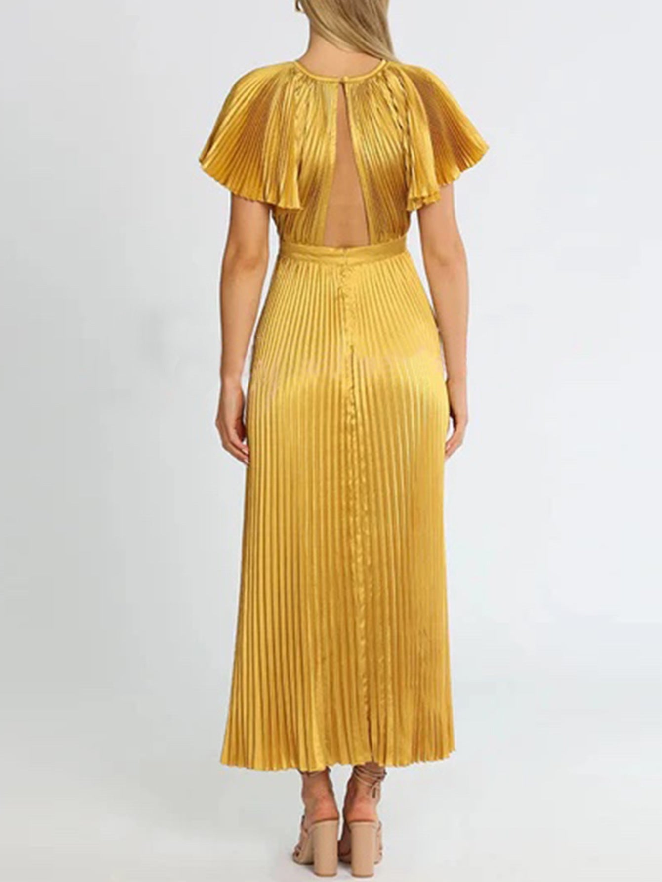 Fashion Round Neck Solid Color Ruffle Sleeve Pleated Formal Party Women's Evening Dress