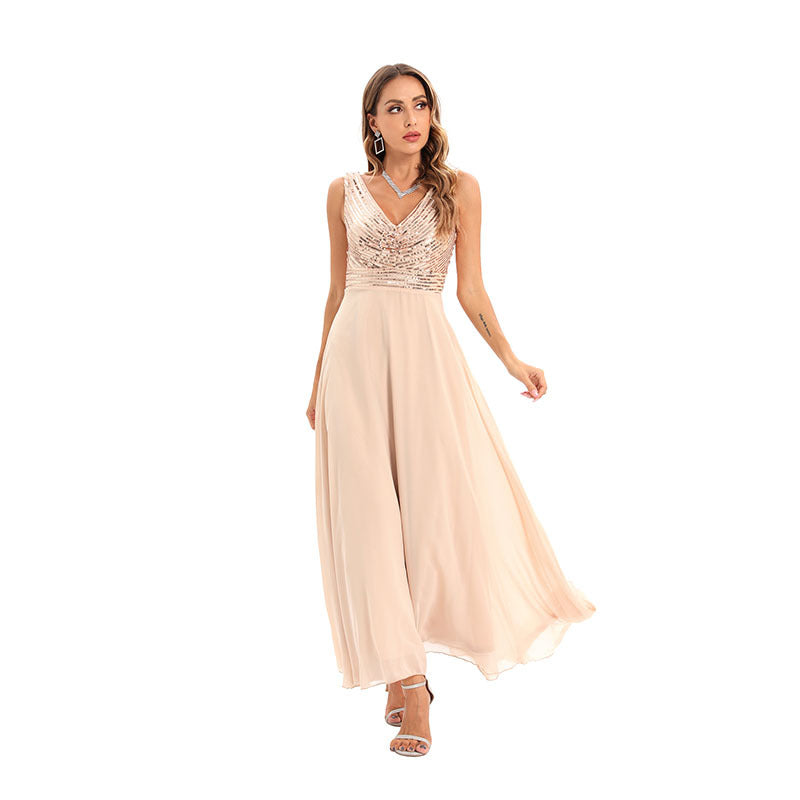 Women clothes Sexy Sequin Striped V-Neck Embroidered Formal Party Long Dress 8