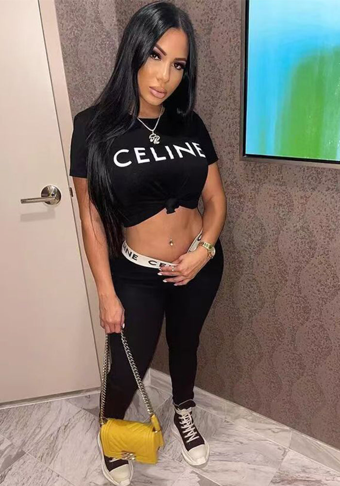 Women Round Neck Top and Pants Two-Piece Set