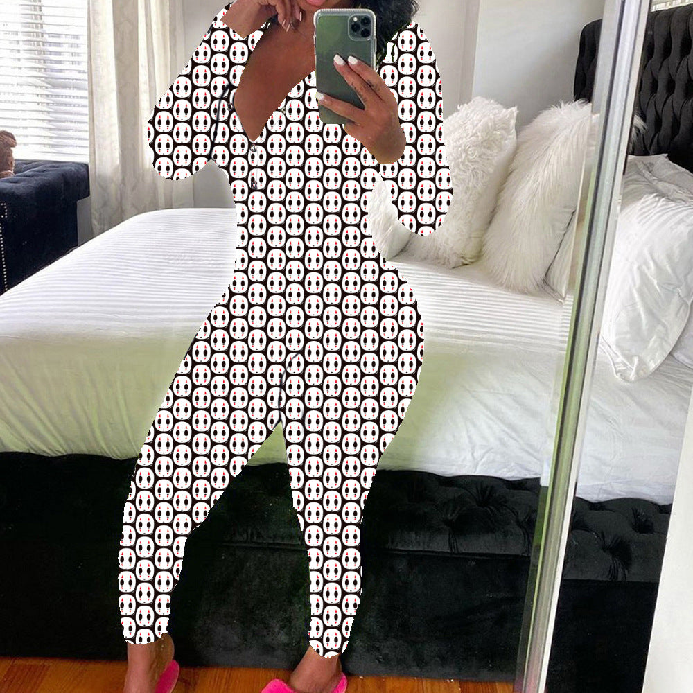 Women's Sexy Fashion Pattern Print Deep V-Neck Long Sleeve Tight Slim Jumpsuit 6