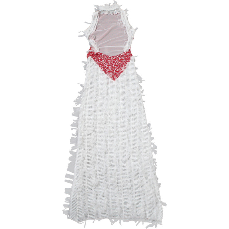 Summer Women's Trendy Sleeveless Fringe See-Through Patchwork Low Back Maxi Dress 9