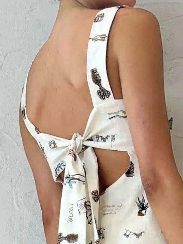 Bow Lace-Up Summer Women's Printed Strap Casual Long Dress 8