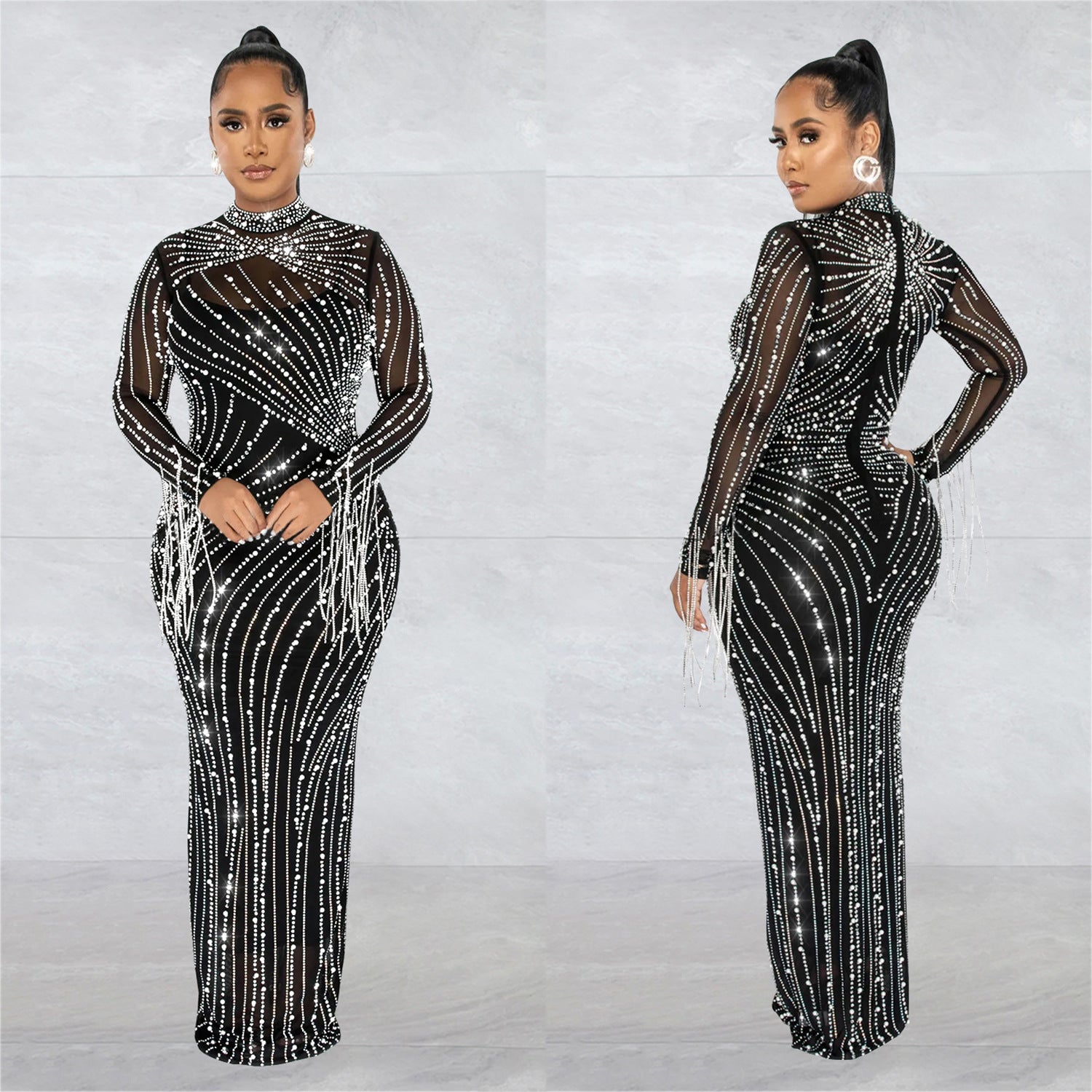 Women Mesh See-Through Beaded Long Sleeve Maxi Dress Set